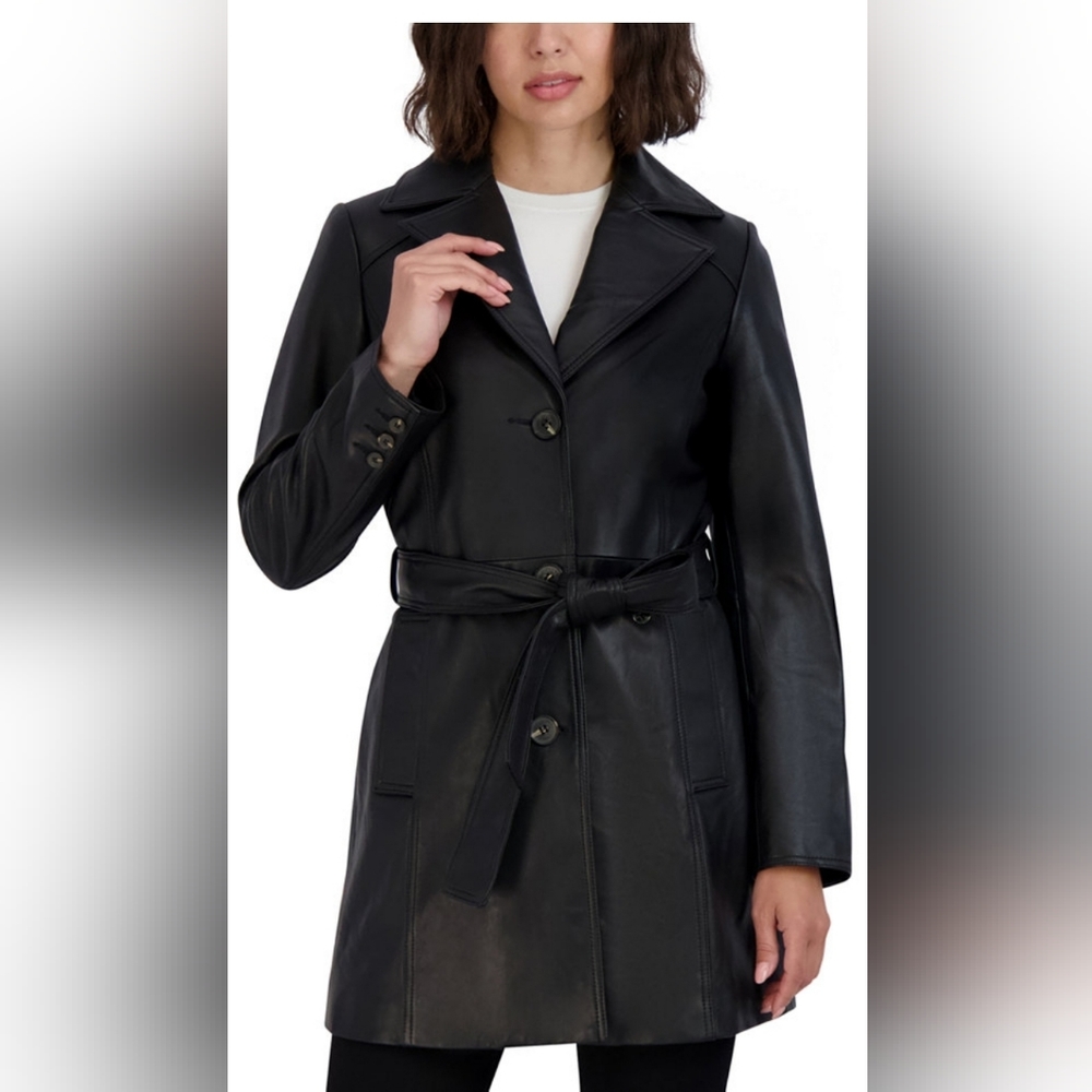TAHARI Women's Nicole Belted Leather Trench Coat, Black Size (Medium)